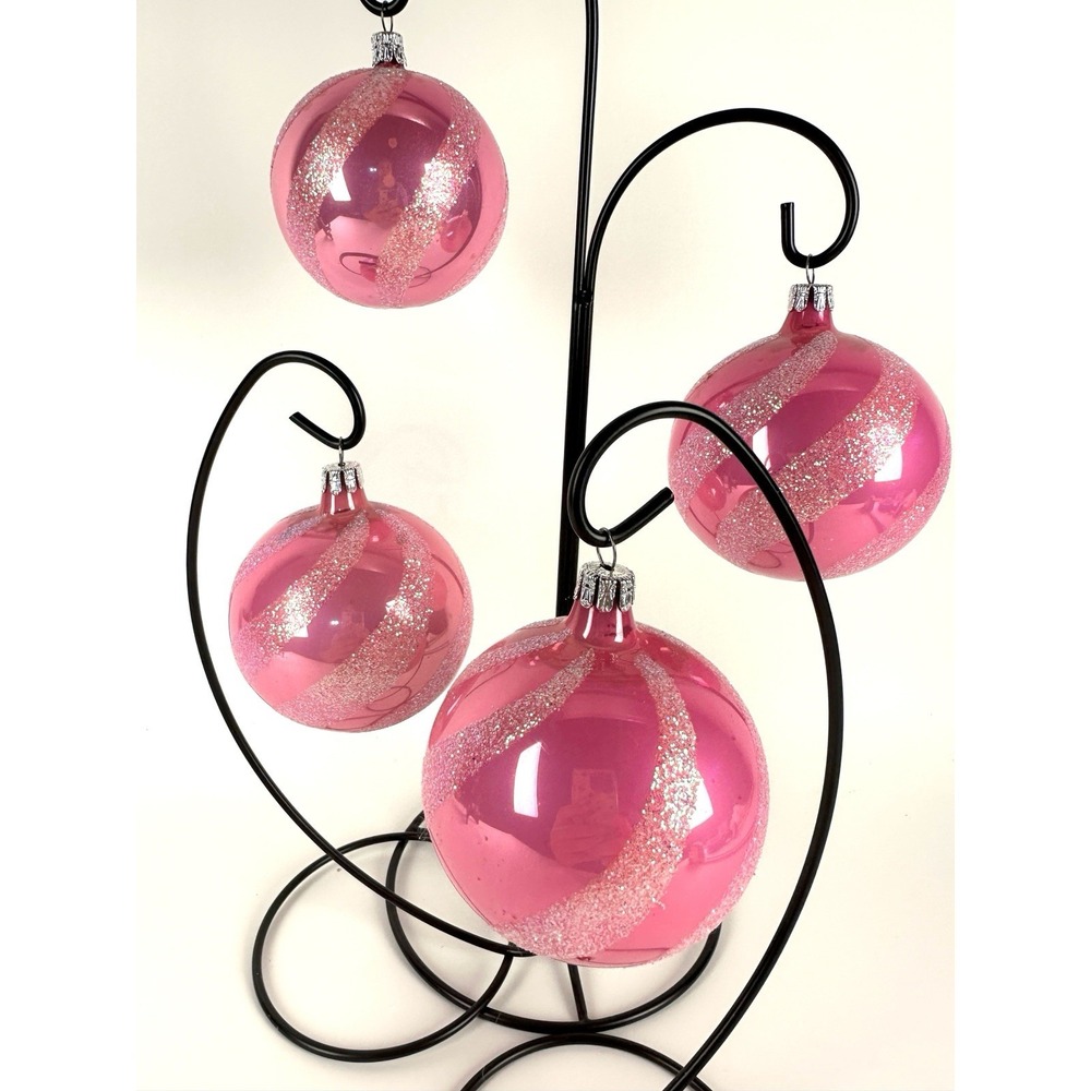Vintage Czech Cotton Candy Pink Glass Ornament Set Of 4 White Glitter Swirl